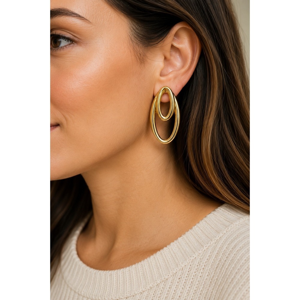 Vintage Gold Tone Open Oval Abstract Statement Post Back Earrings Retro